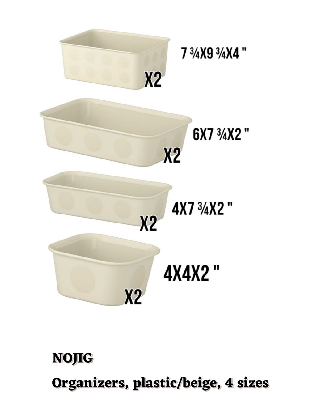 8 NOJIG Organizers, plastic/beige, Multiple Sizes
